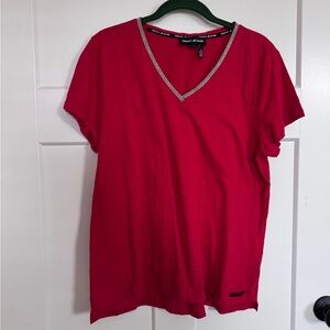 DKNY Red V-Neck Top with Silver Accents
